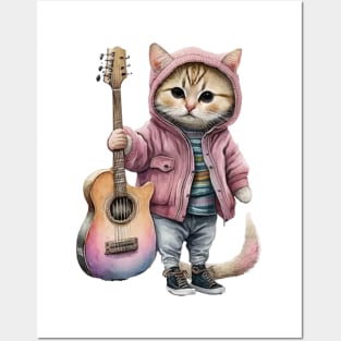 Cute Little Cat With a Guitar Wearing Pink Jacket Posters and Art